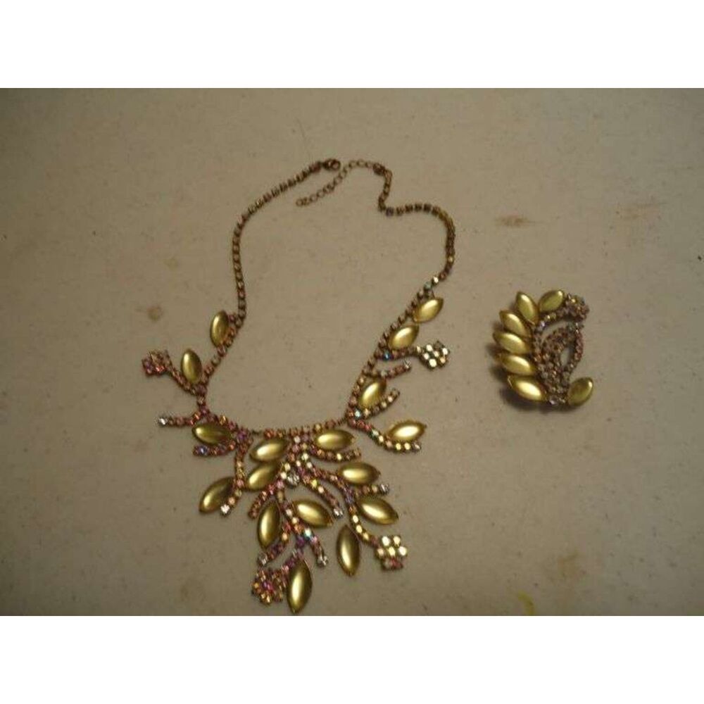 Vintage Lilien Czech Necklace and Pin Set,  Rhinestones and Cabasons.